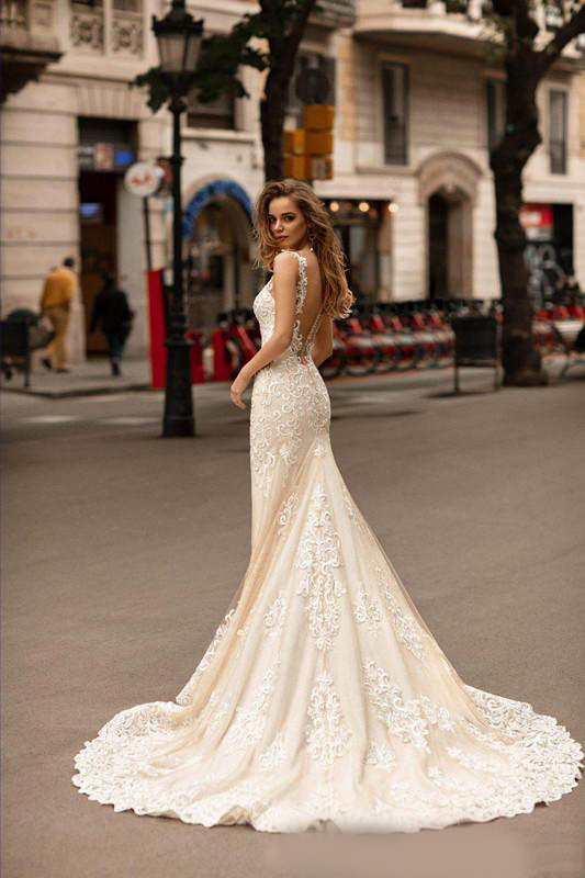Champagne Ivory Mermaid Wedding Dresses with Cape 2020 Berta Sheer O-neck Lace Applique Covered Back Trumpet Bride Gown Vestidos De Novia