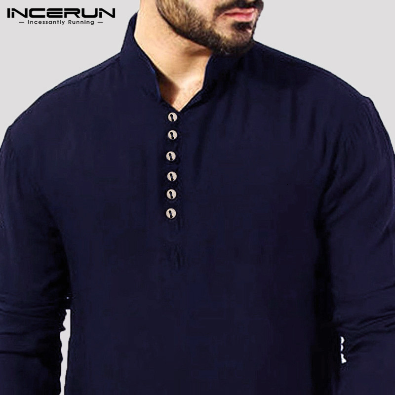 INCERUN Casual Men Shirt Cotton Long Sleeve Stand Collar Vintage Solid Stitched Long Tops Indian Kurta Suit Pakistani Shirt 5XL V191026