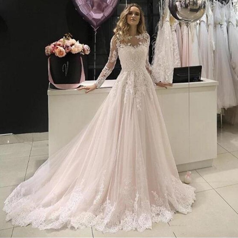 Costom Long Sleeves Lace Wedding Dresses with Beads Appliques Jewel Neck Sweep Train Tulle Wedding Bridal Gowns, Champagne
Costom Long Sleeves Lace Wedding Dresses with Beads Appliques Jewel Neck Sweep Train Tulle Wedding Bridal Gowns, Champagne