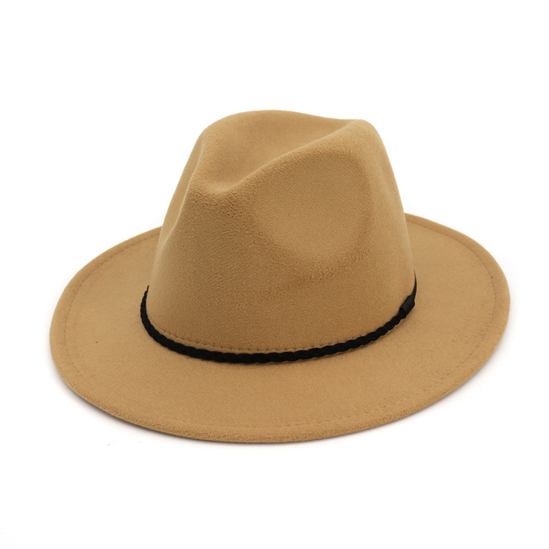 Fashion-Ladies Wool Felt Mens Fedora Trilby Hat Fashion Simply Braided Rope Decorated Panama Flat Brim Jazz Formal Hats