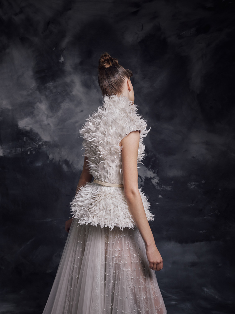 Modest Krikor Jabotian Elegant High Neck Sleeveless A Line Evening Dresses Beaded Feather Pearls Sash Formal Dresses Sweep Train Party Gown