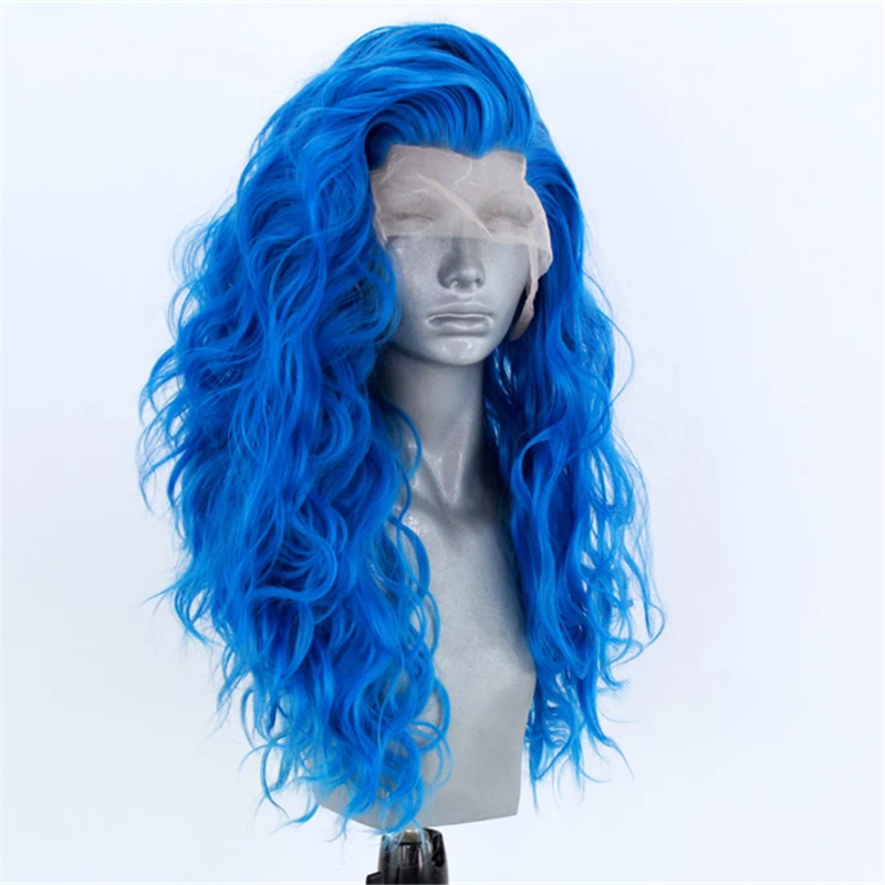 Blue full Lace Front Wig water wave Colored synthetic cosplay party auburn /red/blonde/white Transparent Wigs for white women