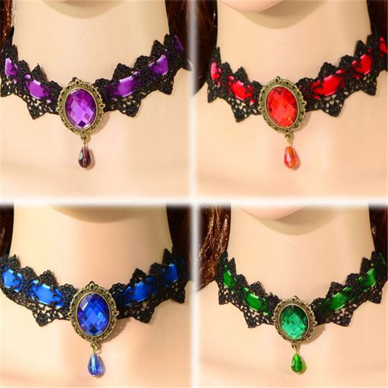 Fashion Jewelry Goth Lolita Lace Bohemian Crystal Collar Choker Short Crystal Pendant Necklace for Women Fashion Popular Halloween Gift