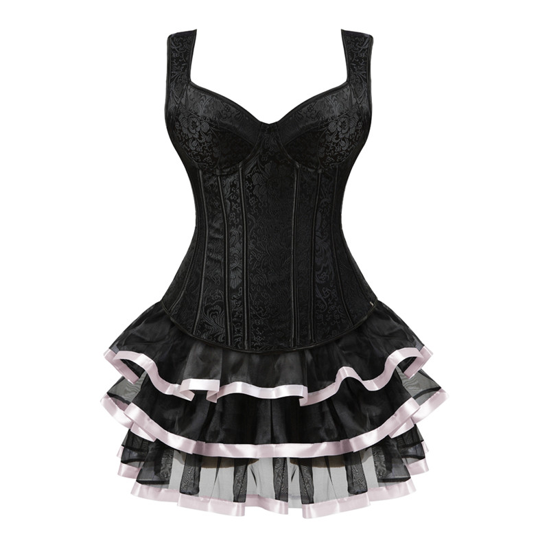Women Corset Vest Skirt Set Retro Steampunk Side Zipper Halterneck Jacquard Overbust Bustier with Layered Mini Skirt Plus Size S-6XL