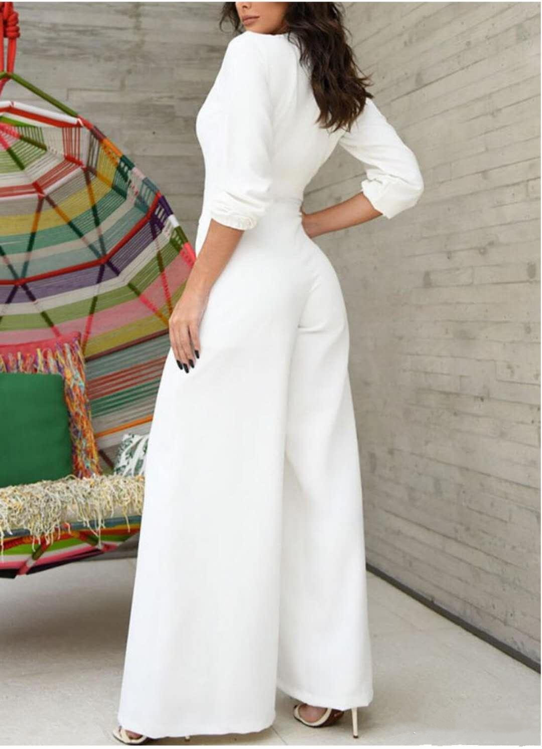 Sexy Jumpsuits Prom Dresses Robe De Soiree Long Sleeve Deep V Neck Evening Gowns With Pocket White Pants Formal Women Party Dress