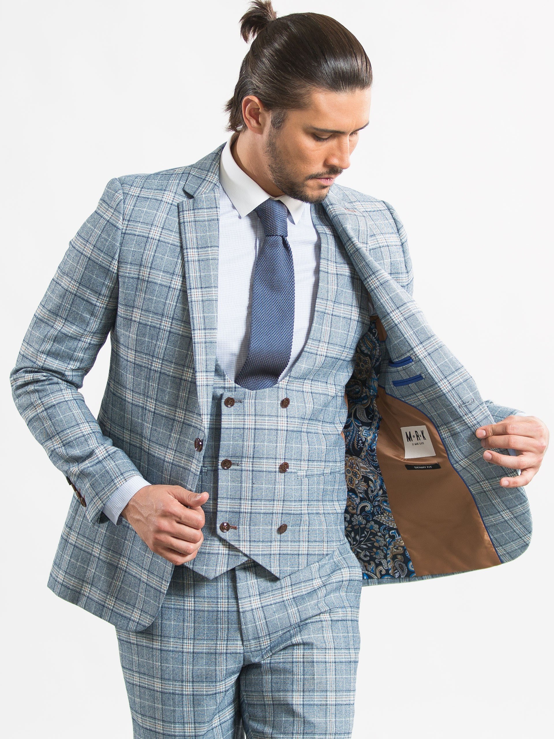 Skinny Blue and Brown Check Mens Suits with Horseshoe Waistcoat 3 Piece Tweed Suit Herringbone Custom Made Groom Wear Wedding Tuxedos