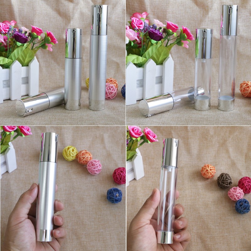 15ml 20ml 30ml Empty Airless Pump Bottles Silver Mini Portable Vacuum Cosmetic Treatment Pump Travel Bottle F2303
15ml 20ml 30ml Empty Airless Pump Bottles Silver Mini Portable Vacuum Cosmetic Treatment Pump Travel Bottle F2303