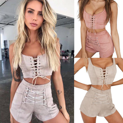 Hirigin 2 Piece Set Women 2018 Tracksuit Sexy Women Crop Top Set Sexy Bandage Outfits Women Clothes Tank Tops + Hot Pants Shorts D19011104