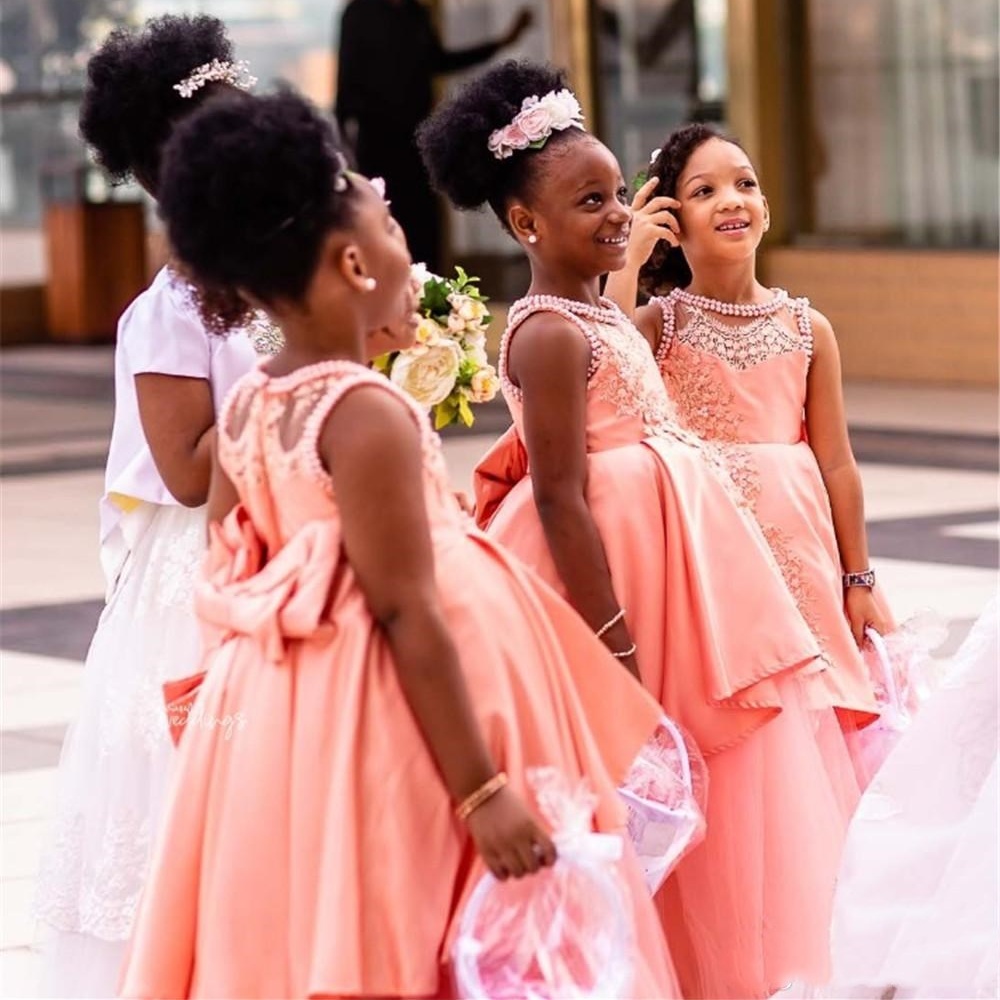 African Blush Pink Flower Girl Dresses for Wedding Hi Lo Lace Appliqued Girls Pageant Gowns with Bow Sash Beaded Kids Birthday Party Dress