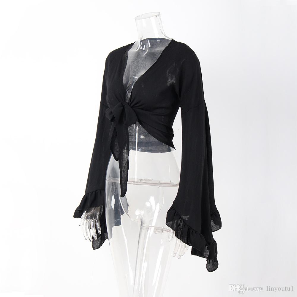 2020 Summer Beach Knot Chiffon Women Blouse Cover Up Sexy V Neck Petal Sleeve Shirt Casual Crop Tops for Female Black