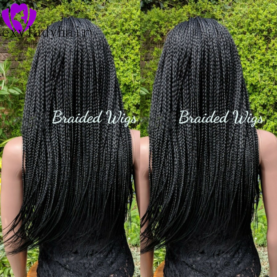 Synthetic lace front wig black/dark brown micro braided wig with for American women heat resistant fiber box braid wig glueless