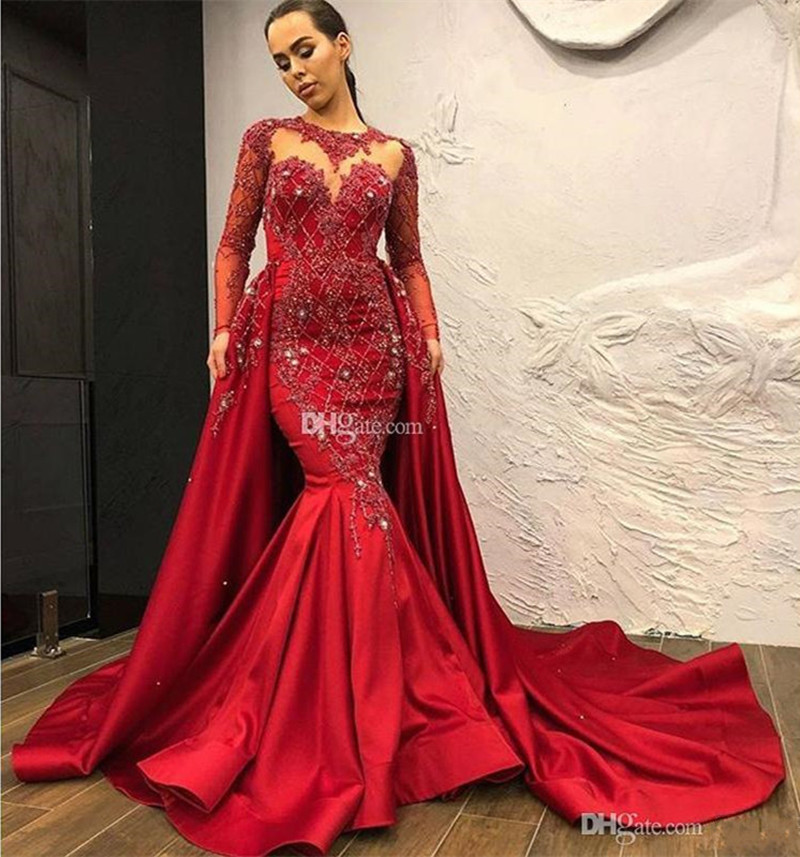 Elegant Mermaid Prom Dresses Detachable Train Beading Appliques Crystal Celebrity Evening Gowns Satin Long Sleeve Special Ocn Dress