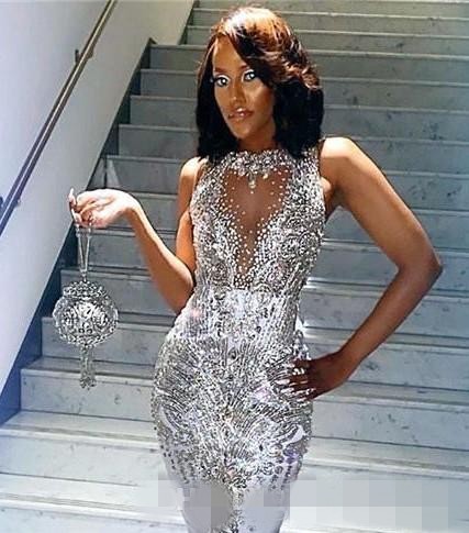 Sparkly Sequins Mermaid Prom Dresses Sheer Neck Sleeveless Satin Silver Beaded Custom Made Evening Party Gowns Formal Occasion Wear