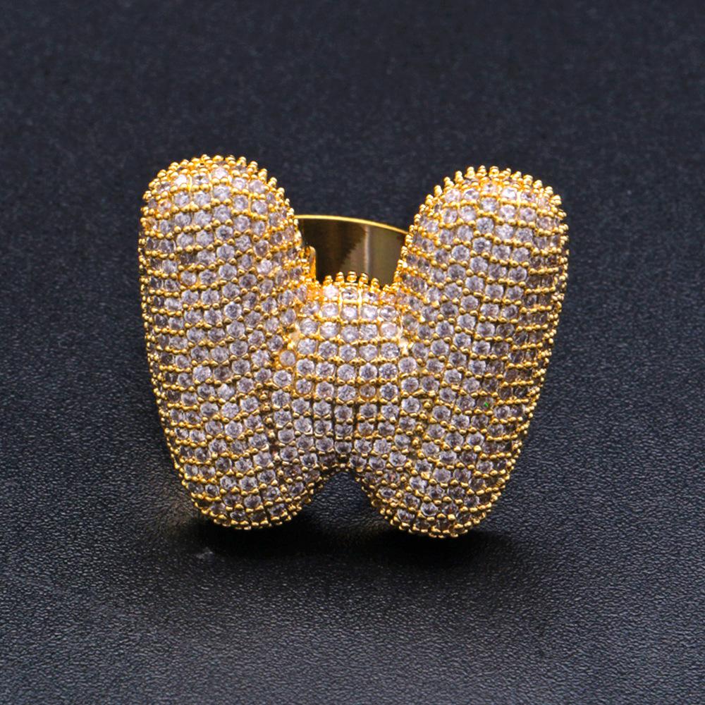 Personalized 18K Gold Plated Iced Diamond A-Z Bubble Letter Finger Rings Band Mens Womens CZ Open Cuff Ring Hip Hop Jewelry Gift for Couples
