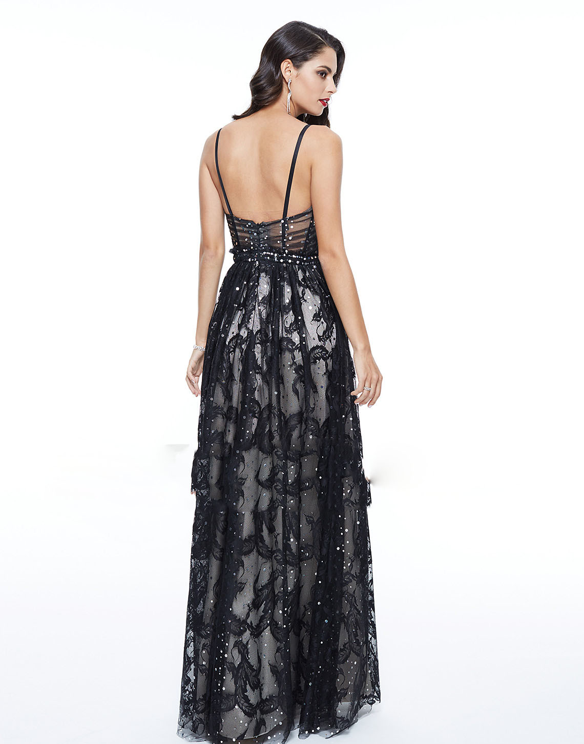 2020 Modest Elegant Spaghetti Sleeveless Backless A Line Evening Lace Applique Sequins Formal Dresses Floor Length Party Gowns 0508