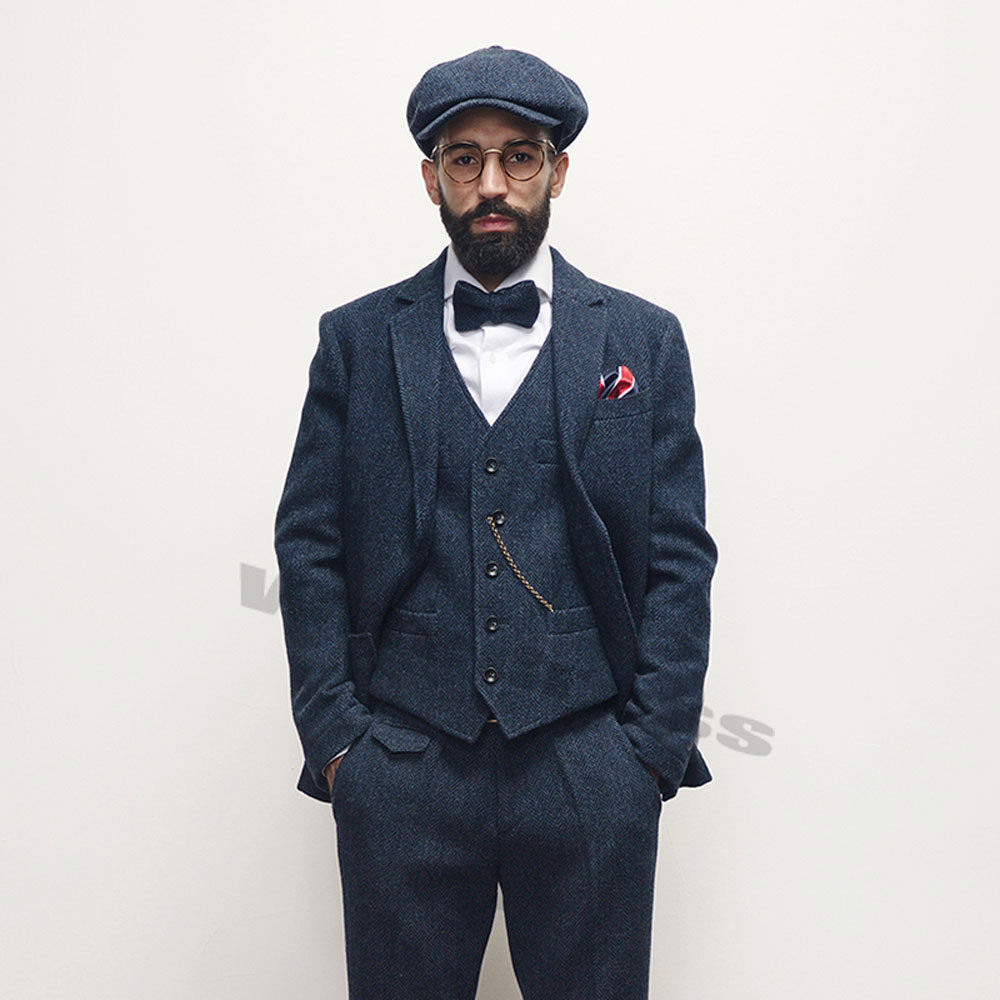 2019 Vintage Mens Suits Tweed Wool Check Suits Regular Fit Groom Tuxedos Custom Made Plaid Wedding Tuxedos Formal Dress Three Pieces