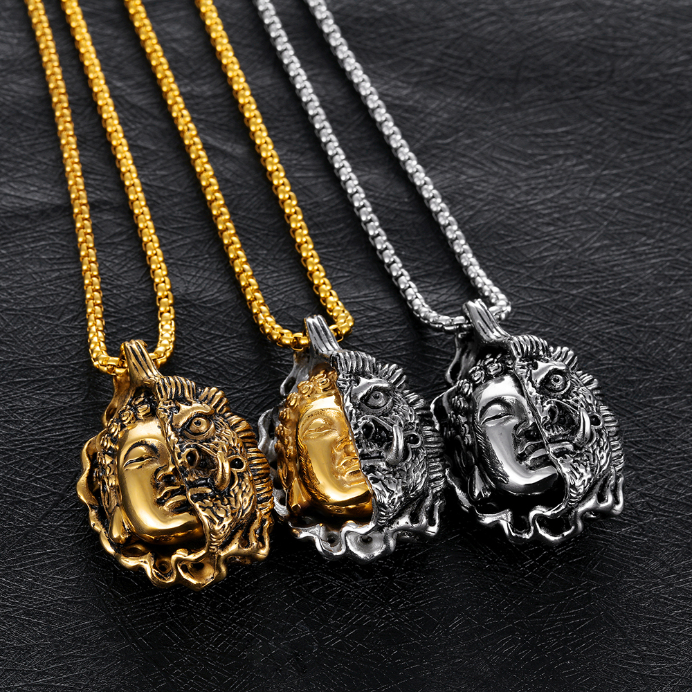 Half Magic Half Buddha Pendant Necklace 316L Stainless Steel 18k Gold Plated Men's Folk-custom Couple Pendant Necklace Jewelry