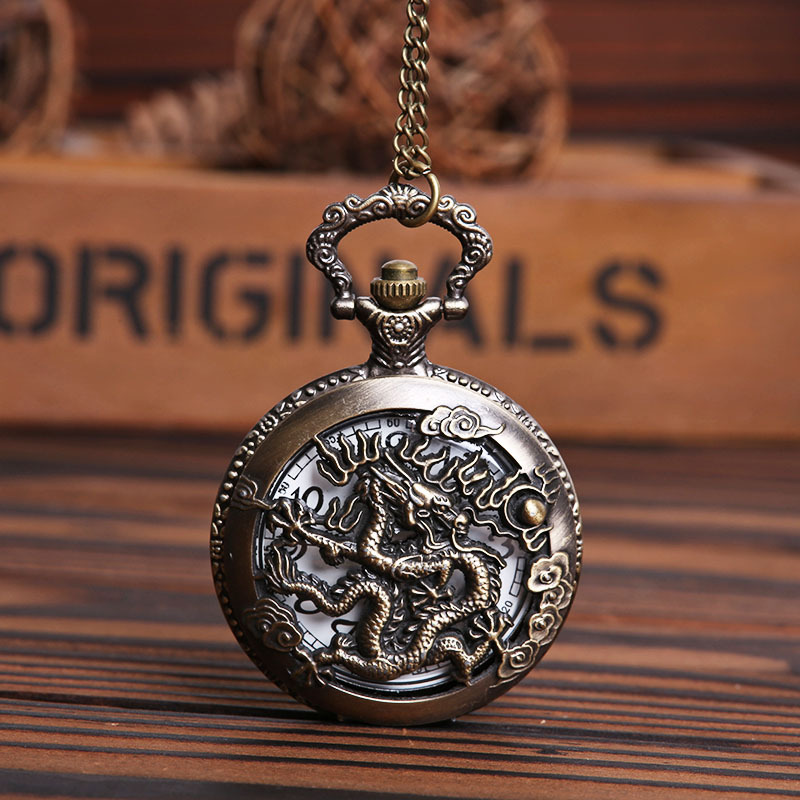 

Dragon Pocket Watch necklace Chain Quartz Necklace Watches Cartoon Comics Male Open-face Clock Mens Watch Mens reloj de bolsillo, Bronze