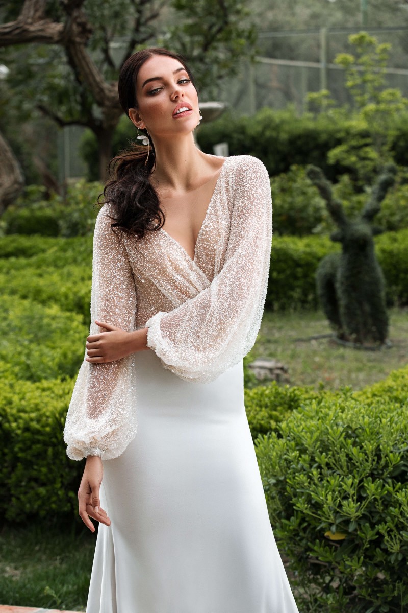 bohemian satin mermaid wedding dresses long sleeve beading top sheer v neck sexy wedding dress sequined bling bling bridal gowns