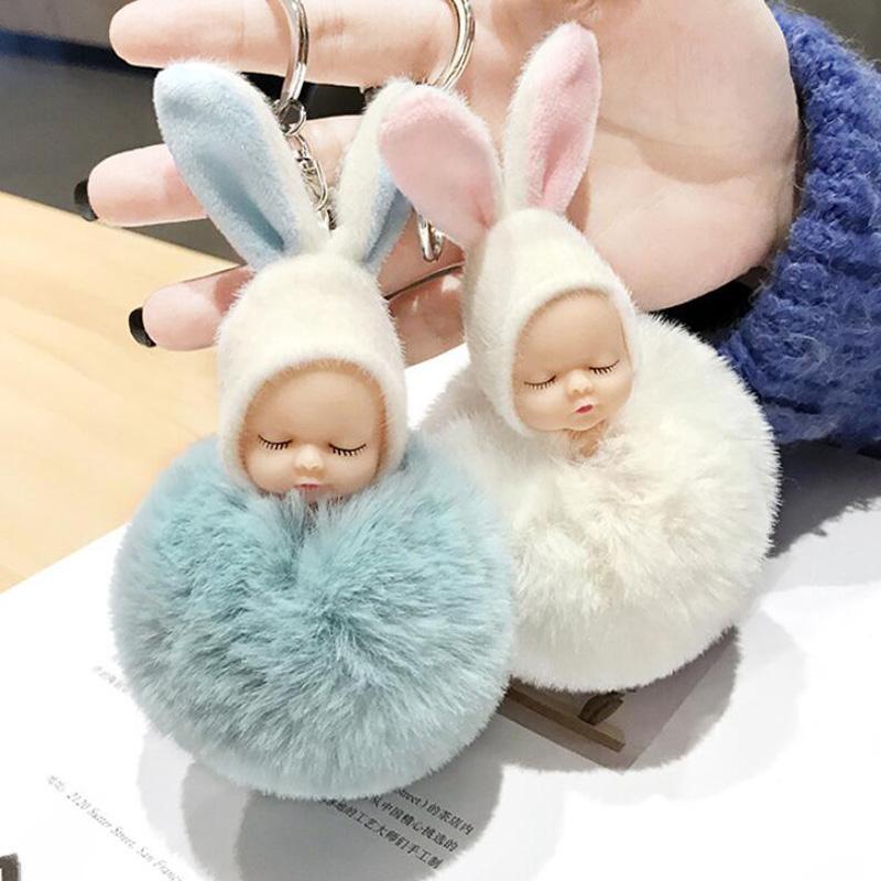 30pcs /Lot Plush Dolls Keychains Lovely Rabbit Ear Sleeping Baby Key Ring Creative Gift Fashion Jewelry For Girls Bag Decoration