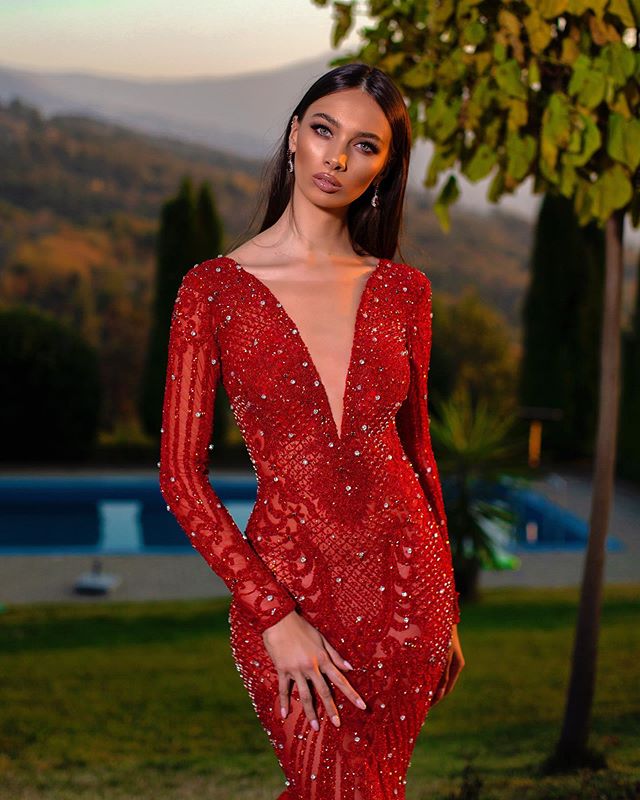 2020 Arabic Red Mermaid Prom Dress Pearls Beads Ruffles Long Sleeve Evening Gowns Party Wear Vestidos Robe De Soiree Abendkleider