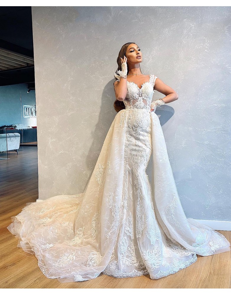 mermaid wedding dresses with detachable train v neck lace appliqued bridal gowns sheer back sweep train wedding dress