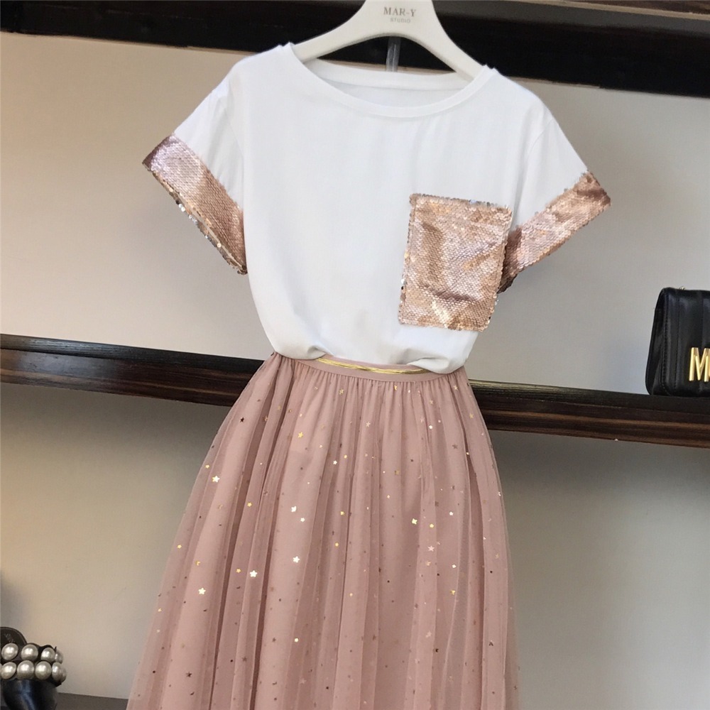 Amolapha Women Sequinss Pocket Cotton T-Shirt+Tulle Mesh Skirt 2 PiecesClothes Set Suits