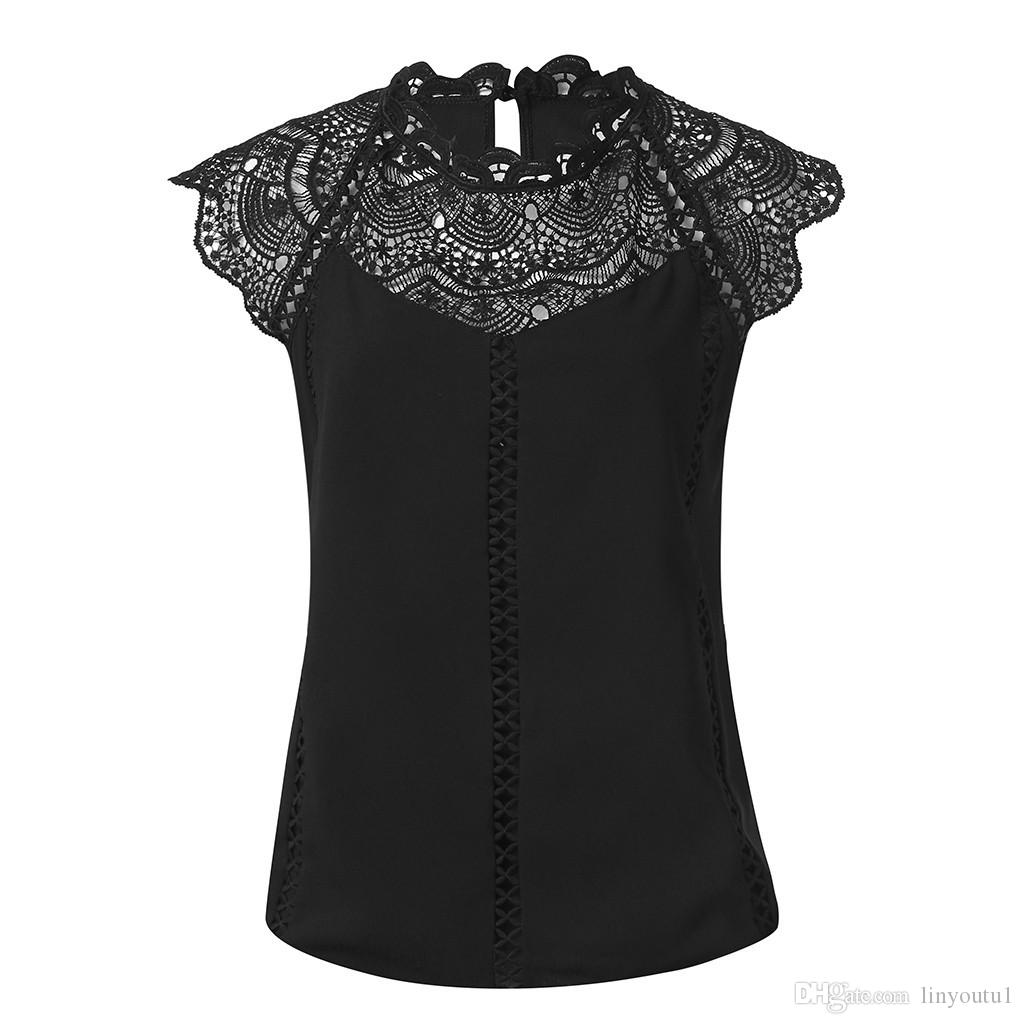 Summer fashion 2020 Women Lace Blouses Ladies Solid Causal Sleeveless Hollow Out Blouse Tops Chiffon Shirt