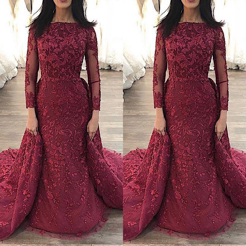New Arabic Bury Mermaid Prom Dresses Jewel Neck Long Sleeves Lace Appliques Crystal Beaded Overskirts Evening Dress Wear Party Gowns