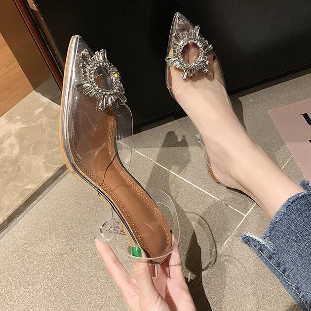 Hot Sale-WHOSONG 2019 new women summer transparent crystal sun diamond pointed high-heeled wine glass with fashion wild sandals