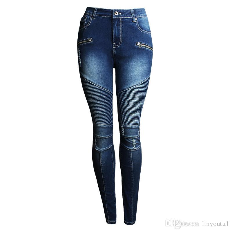 2020 Women`s Motorcycle Biker Zip Mid High Waist Stretch Denim Skinny Pants Motor Jeans For Women