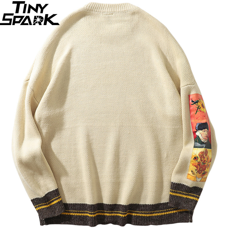2019 Men Hip Hop Sweater Pullover Streetwear Van Gogh Painting Embroidery Knitted Sweater Retro Vintage Autumn Sweaters CottonMX190926