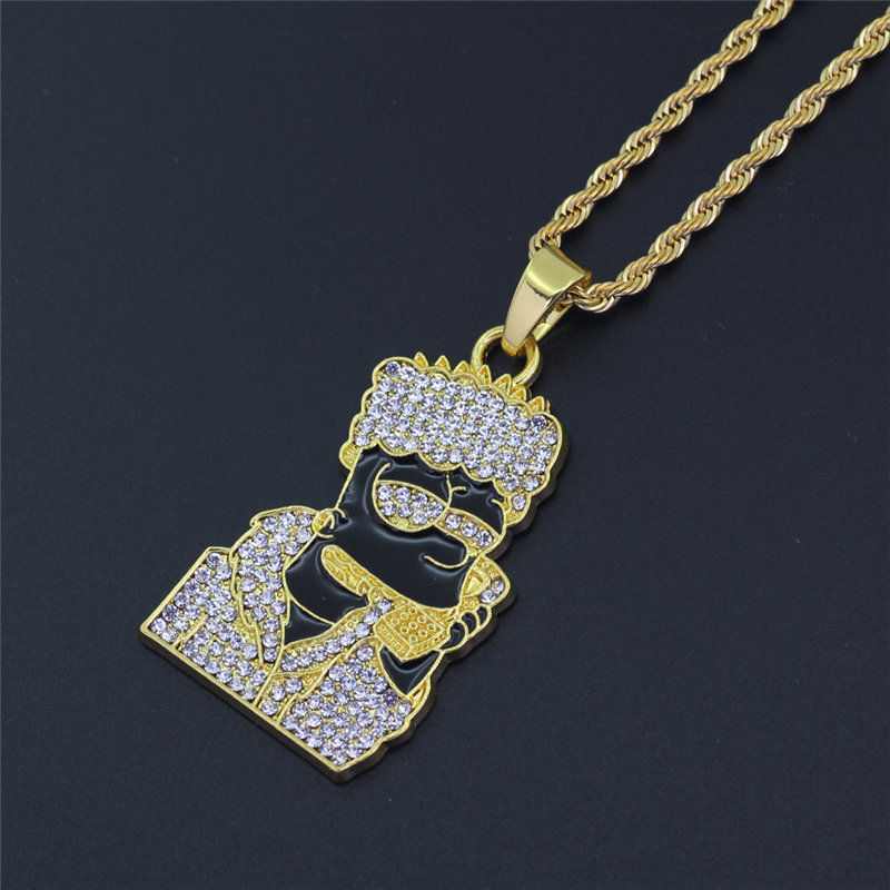 Fashion-Iced Out Quavo Choker Full Rhinestone Cartoon Figure Pendent Necklace Present Bling Rapper Jewelry 2PCS Christmas Gift
