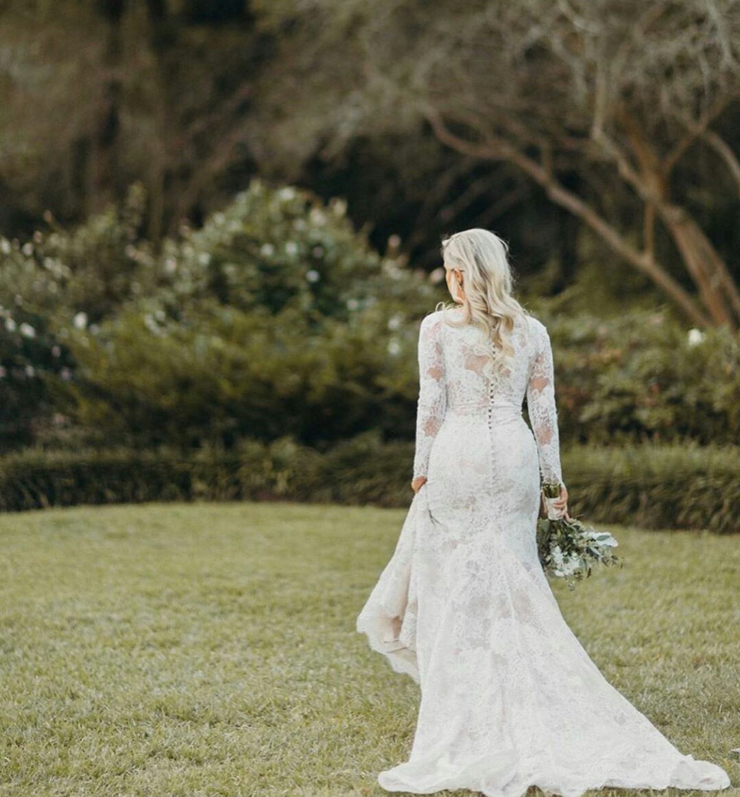 Classic Lace Mermaid Wedding Dresses Jewel Neck Bohemian Sweep Train Boho Bridal Gowns Long Sleeves Plue Size vestidos de novia