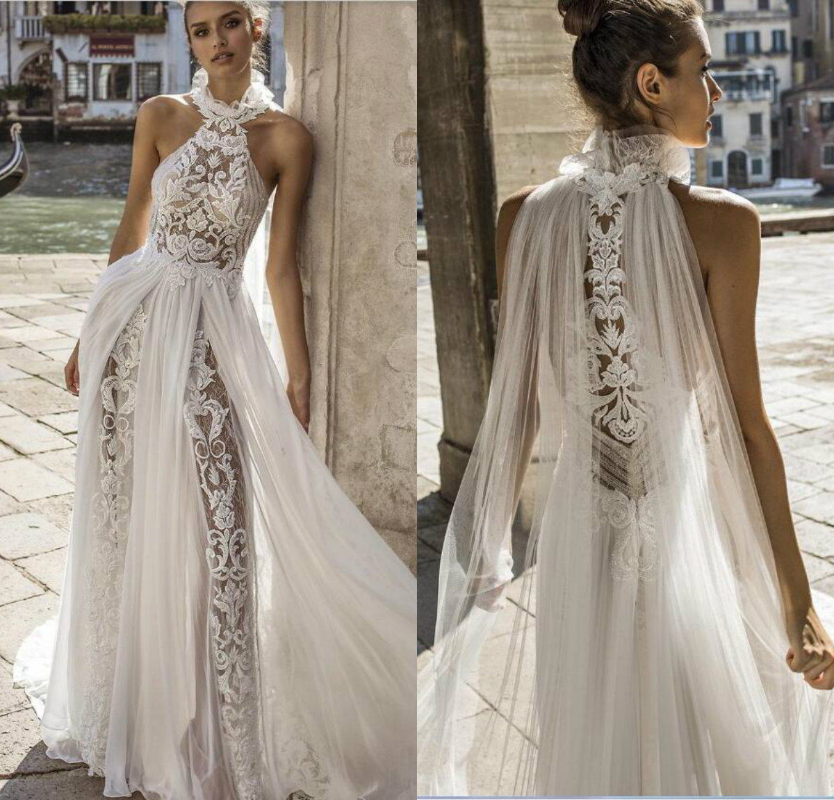 2019 Bohemia Wedding Dresses High Neck Lace Appliqued Chiffon Skirts Illusion Bodice Beach Wedding Dress Sweep Train Plus Size Bridal Gowns