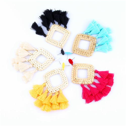 Bohemian tassel earrings statement handmade ethnic tassel earrings bamboo geometric square fan shaped ladies