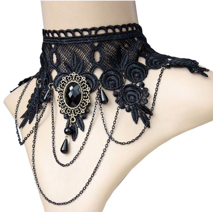 Halloween Sexy Gothic Chokers Crystal Black Lace Neck Collares Choker Necklace Vintage Victorian Women Chocker Steampunk Jewelry G