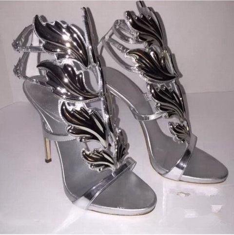 Hot Sale-Amazing Lady Angel Wings Black Nude Thin High Heels Sandals Gladiator Rome Wedge Women Golden Leaf Leather Pumps Sandals Shoes