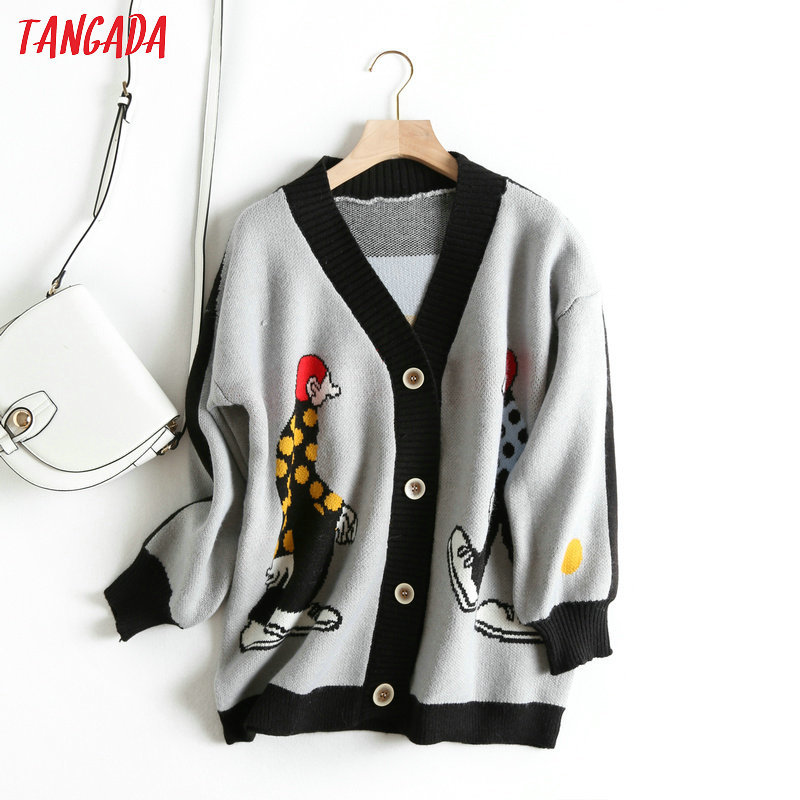 Tangada women cute cartoon cardigan sweater long sleeve buttons female thick knit sweaters basic red black grey tops BC21 V191217