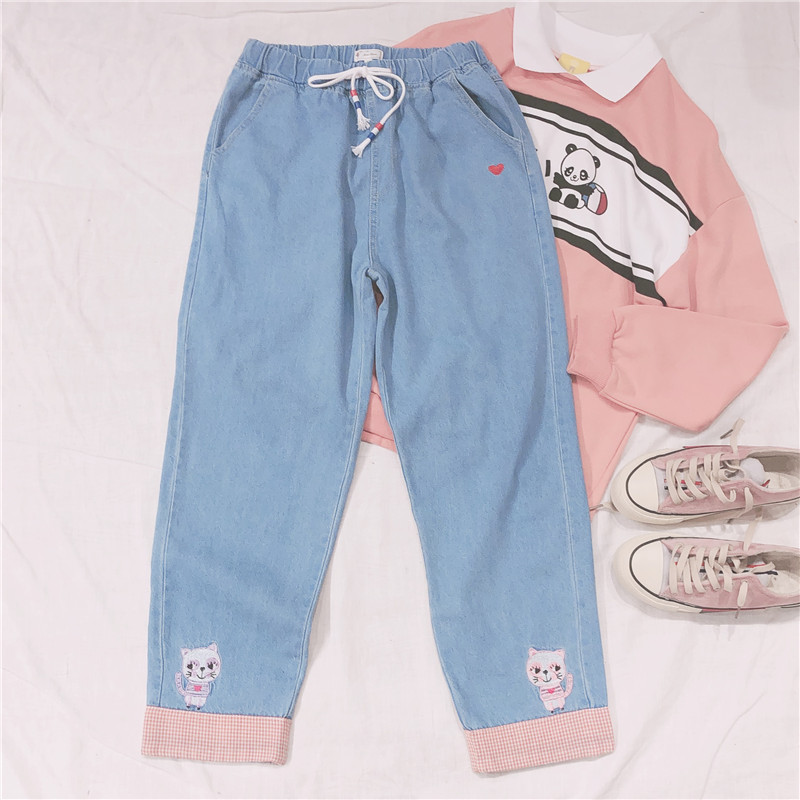 New Harajuku Japanese Kawaii Wild Loose High Waisted Cat Embroidery Jeans Women Small Fresh Mori Girl Pants, Blue
New Harajuku Japanese Kawaii Wild Loose High Waisted Cat Embroidery Jeans Women Small Fresh Mori Girl Pants, Blue