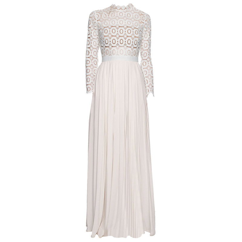 New design womens crochet hollow out lace floral long sleeve high waist patchwork pleated chiffon vent jag long dress