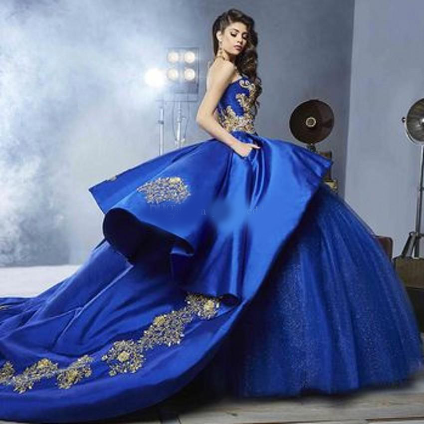 Royal Blue Ball Gown Quinceanera Dresses Sweetheart Embroidery Appliques Beading Gold Satin Tulle Luxury Sweet 16 Dresses Sweep Train