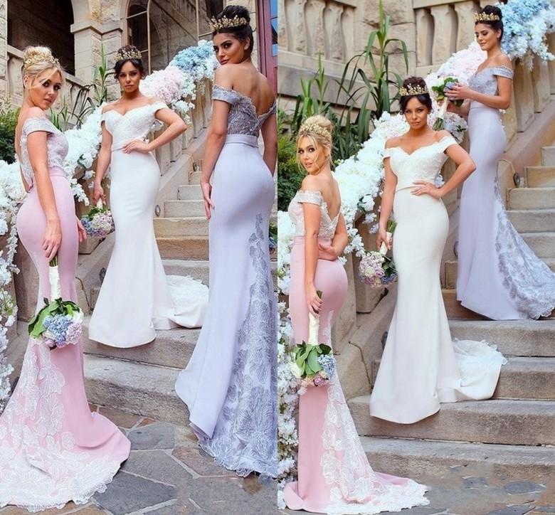 Elegant Stretchy Mermaid Bridesmaid Dresses Off Shoulders Lace Appliqued Sweep Train Bridesmaids Wedding Guest Gowns Custom Made