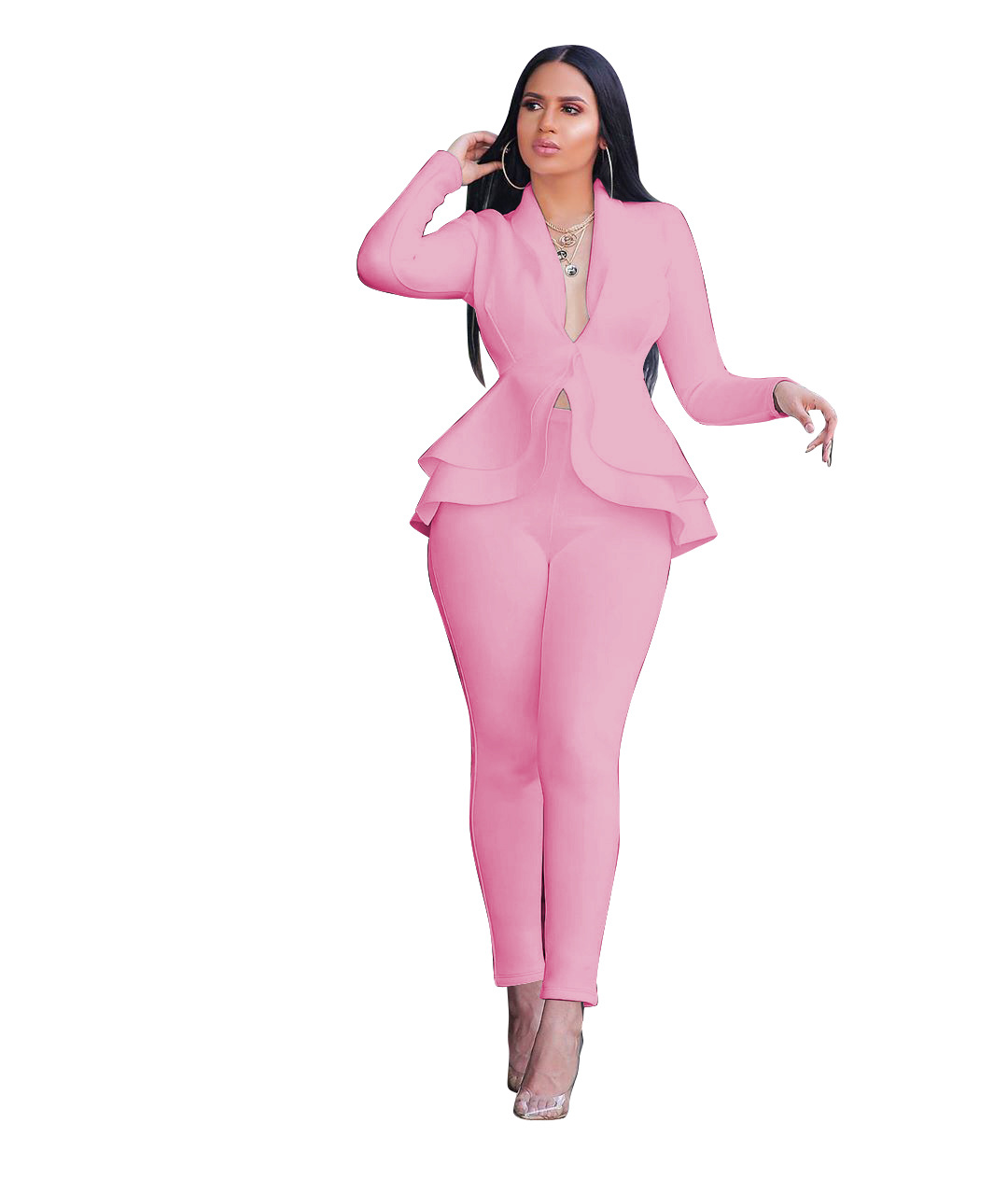 Pants European and American spring autumn fashion temperament solid color Long Sleeve Ruffle air layer professional uniform casual women