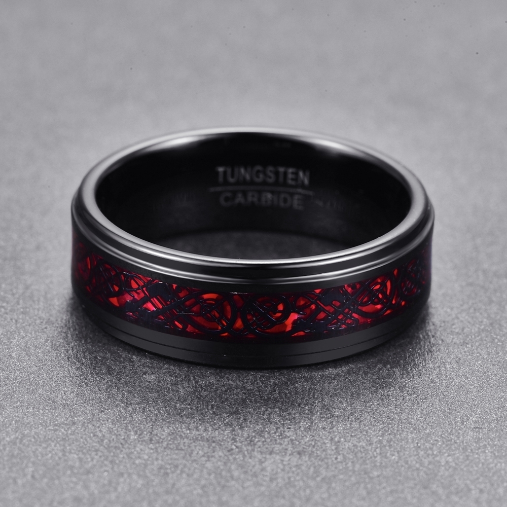 Elegant cool Electroplated Black Inlay Red Opal Paper Black Dragon Pattern Step Tungsten carbide Ring for man T104R D19011502