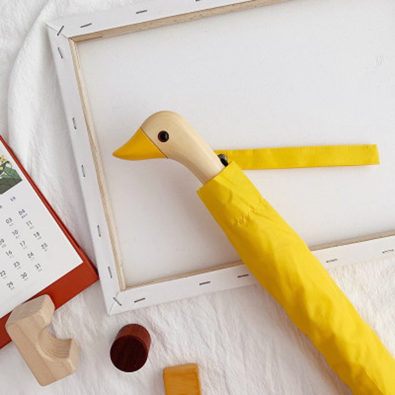 Duck Head with Wooden Handle Umbrella Personality Automatic Yang Cover Duck Head Umbrella 2 folding Sunscreen