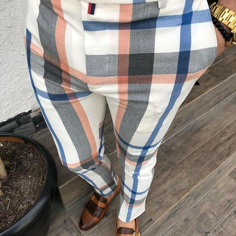Men Plaid Pants Gym Slim Fit Trousers Gym Smart Casual Bussiness Long Pencil Pants Plus Size1