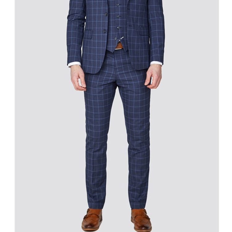 Newest Check Groom Wear Tuxedos Navy Blue 3 Pieces Men Pant Suits Notched Lapel Formal Gentlemen Formal Wedding Blazer