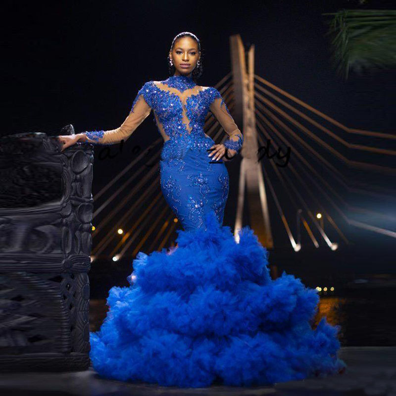 Royal Blue Mermaid Evening Dresses With Long Sleeves Lace Beaded Applique Ruffles Tiered Skirt High Neck Prom Gowns Party Dresses