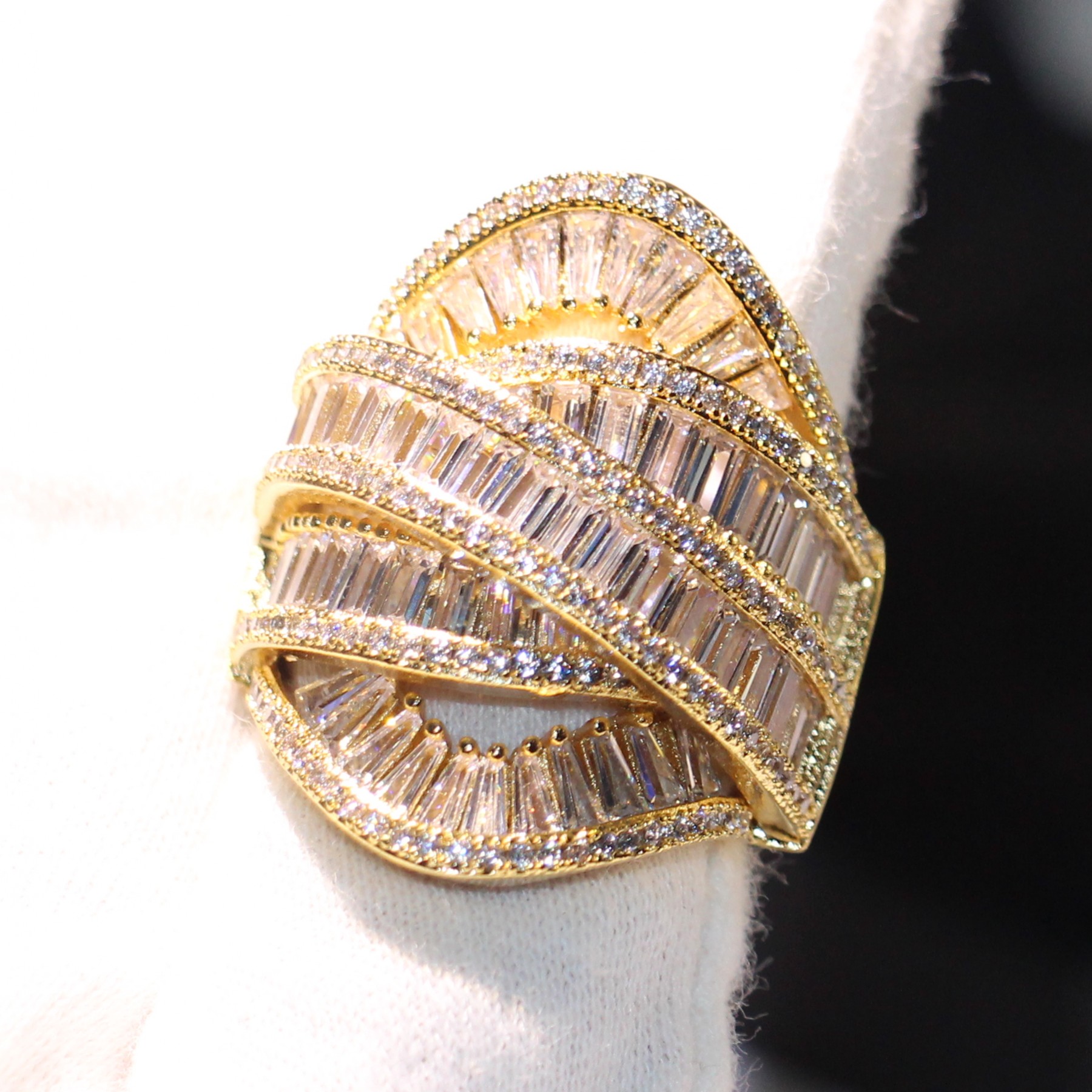 2024 Sterg Sier & Gold Filled White Topaz CZ Dia Wide Wedding Ring, Boho Engagement Band for Women, Size 6-10